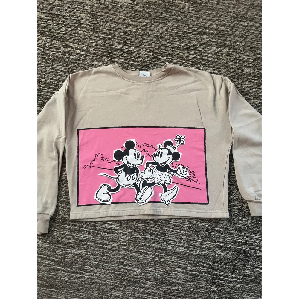 Disney Mickey Minnie Mouse Graphic Sweatshirt Tan Pink Cropped Pullover Medium